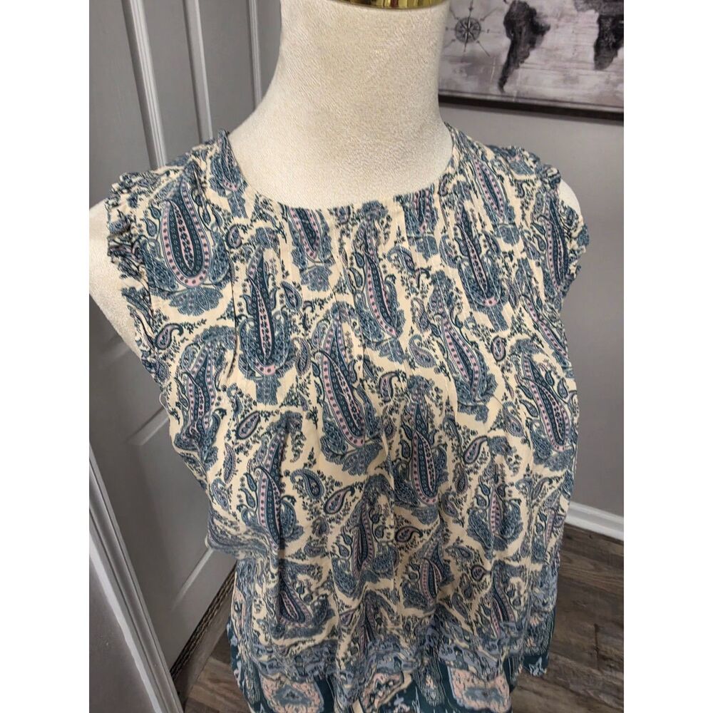 Rose + Olive Pleated Boho Sleeveless Top Ruffle Armhole Blue Cream Small